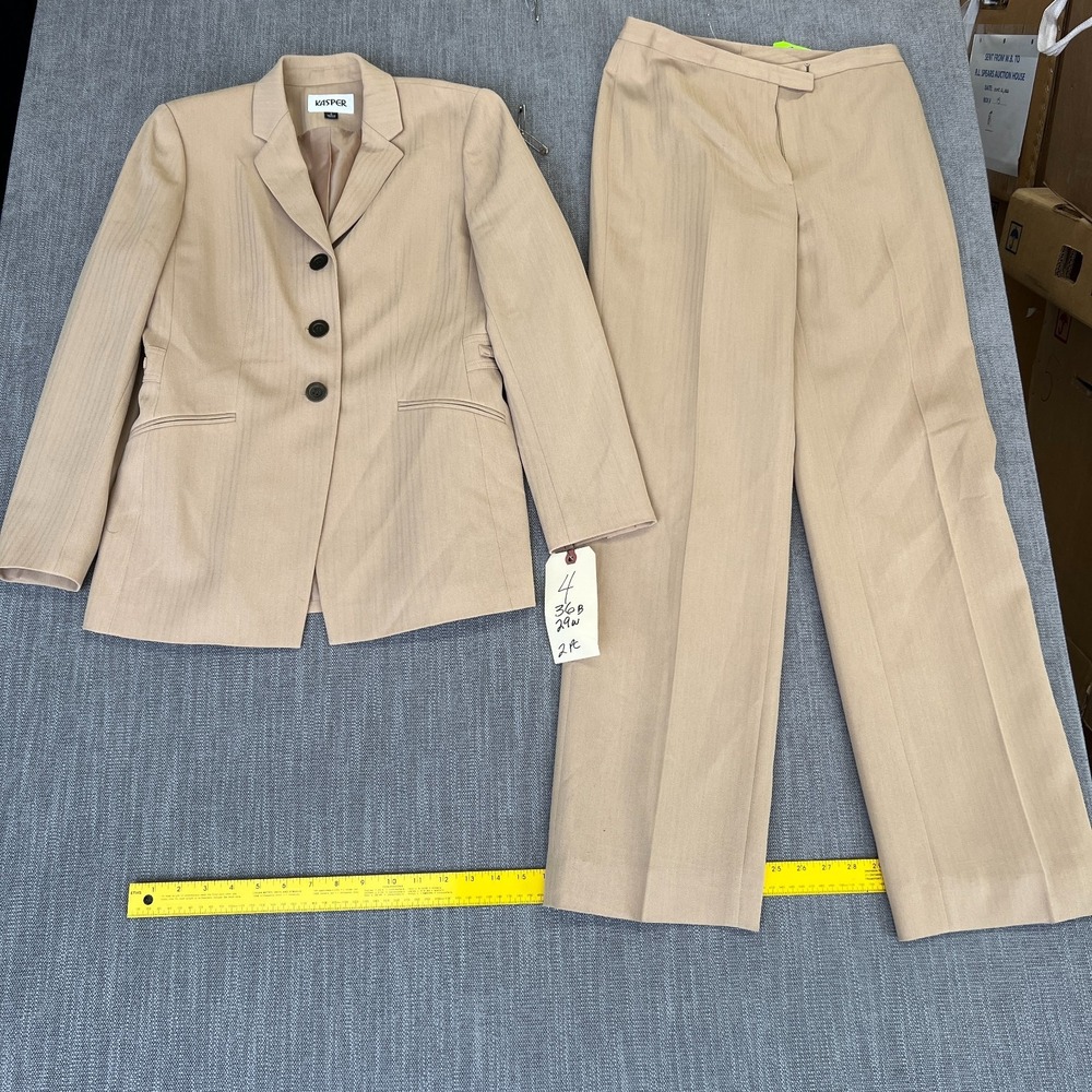 Kasper 2-Piece Blazer & Pants Suit Set Womens 4 Beige Pinstripe Office Career